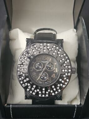 59.6mm black crystal bezel Fashion Analog Quartz watch w/faux Leather Band